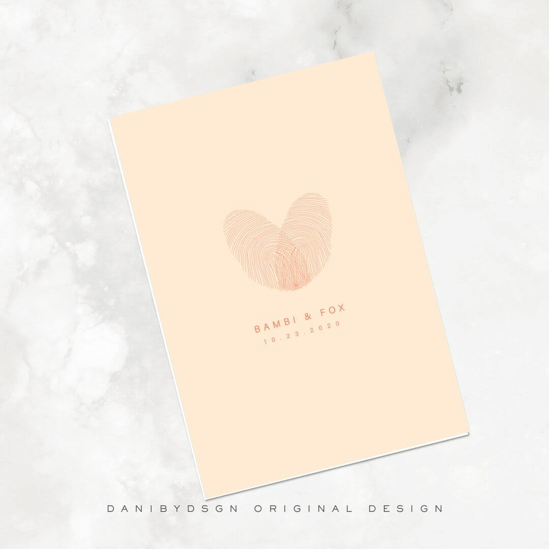 Danibydsgn’s Fingerprint Art, is the perfect fusion of two fingerprints in an overlapped bespoke design, that is ideal for engraving onto the Danibydsgn custom jewelry or to be used as distinctive wall art home décor. The heart-shaped fingerprint artwork for “Bambi & Fox” is a testament to timeless love, etched with names and a date to remember. A treasure for home décor enthusiasts and a touching addition to any personalized jewelry collection. Or used in anyway important to you.