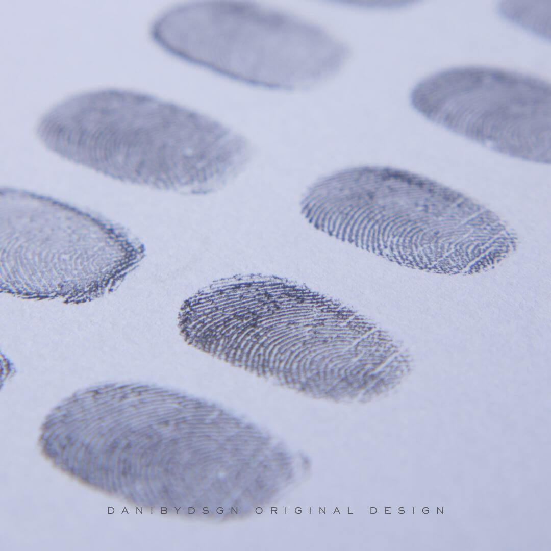 Expertly captured Fingerprint Art form the foundation for Danibydsgn's bespoke Fingerprint Artwork, each unique pattern offering a personal touch to be engraved on the Danibydsgn custom fingerprint jewelry, or to be used as meaningful wall art or home décor. Our fingerprint art is a beautiful blend of memories and art. Discover the bespoke craftsmanship of Danibydsgn with these detailed fingerprint impressions, meticulously curated to create personalized Fingerprint Artwork