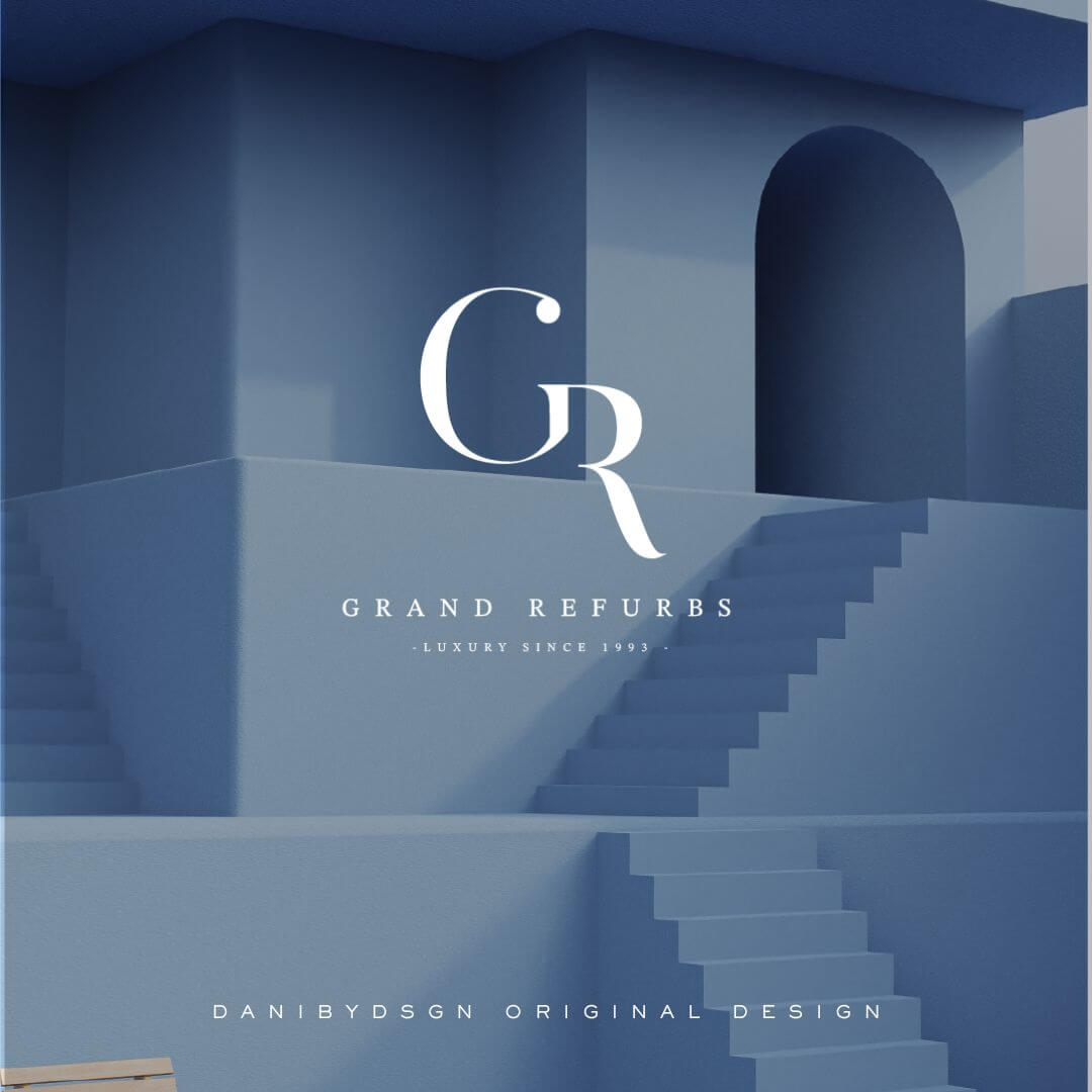 This image features Grand Refurbs' elegant 'GR' initial monogram logo, emphasizing luxury and sophistication in business branding. The logo, a Danibydsgn original design, is displayed against an architectural backdrop reinforcing the brand's identity in high-end construction. The visual is the essence of a business monogram logo, suited for website brand logo and representative of premium small business branding or clothing branding. Branding design created by Danibydsgn a professional graphic designer.