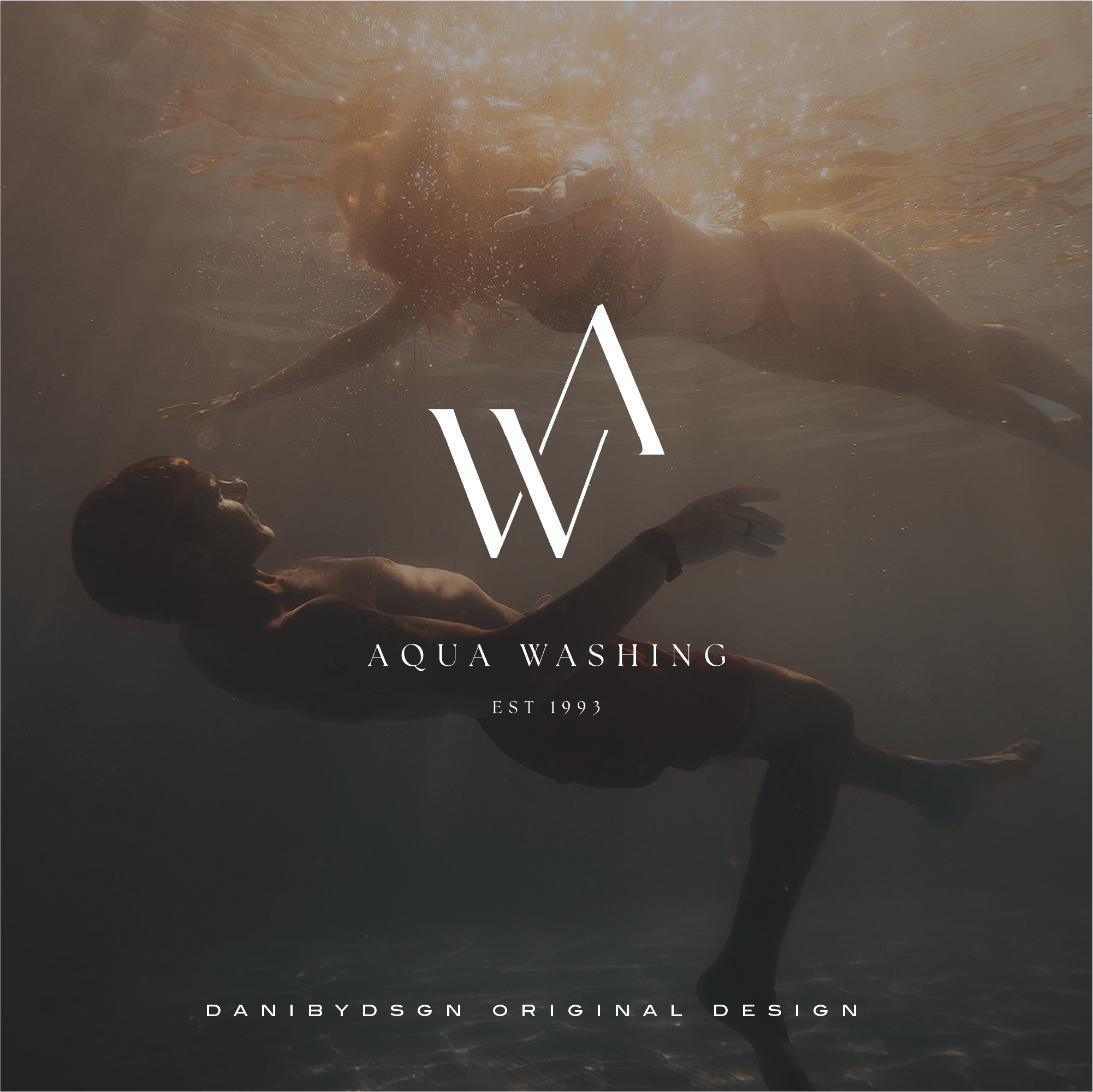 This  business branding initial monogram is for Aqua Washing and it is of the intials AW.  The initials are overlapped to create a unique and striking, elegant monogram symbol.  The pic is of a lady and gentleman underwater swimming and the business branding logo is the central point of the photo.  Elegant, stylish and modern monogram design. Check out our business initial monogram and branding kits