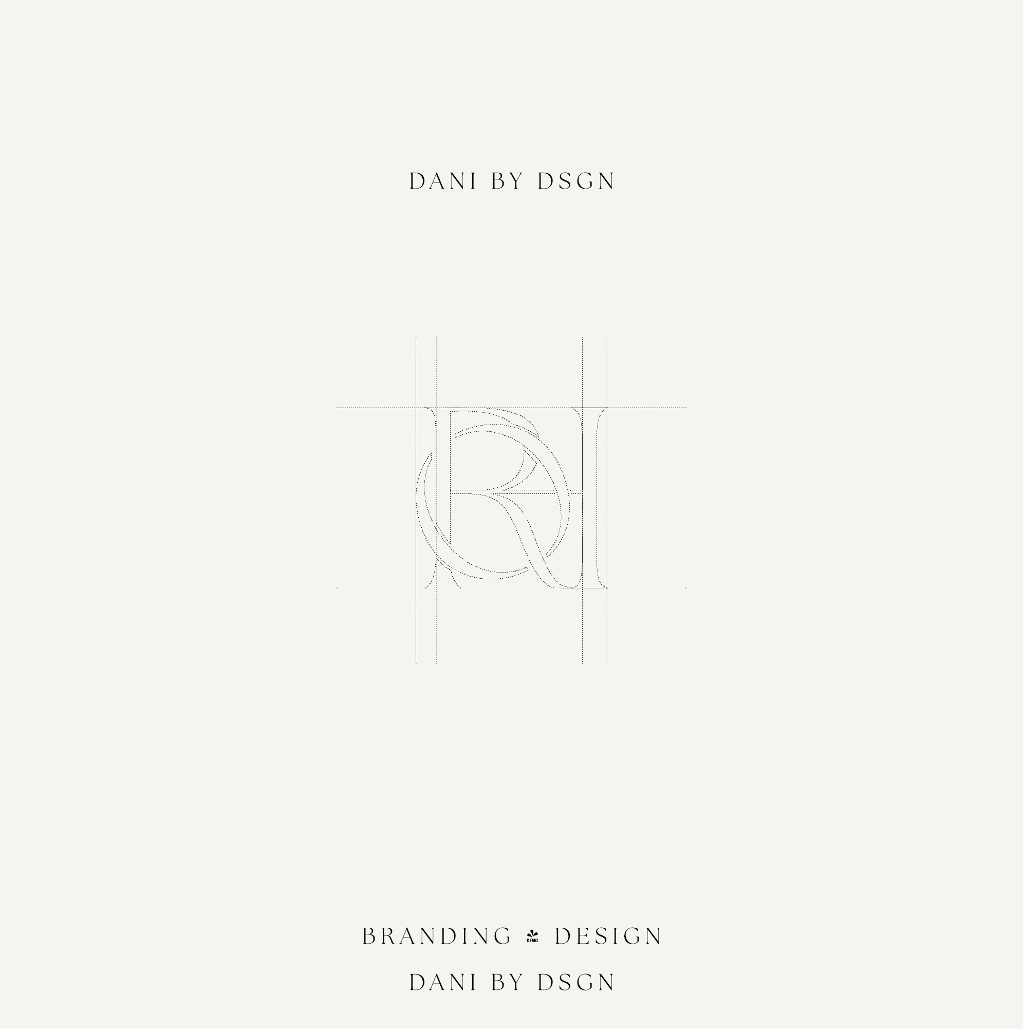 A conceptual 'RQH' three initial monogram design by Danibydsgn, illustrating a refined blend of Business Initial Monogram Design and graphic design. This faint, intricate business monogram logo sketches the early stages of a sophisticated branding package. A masterful example of business initials logo development for website brand identity, clothing branding and small business branding. Branding design created by Danibydsgn a professional business branding graphic designer.