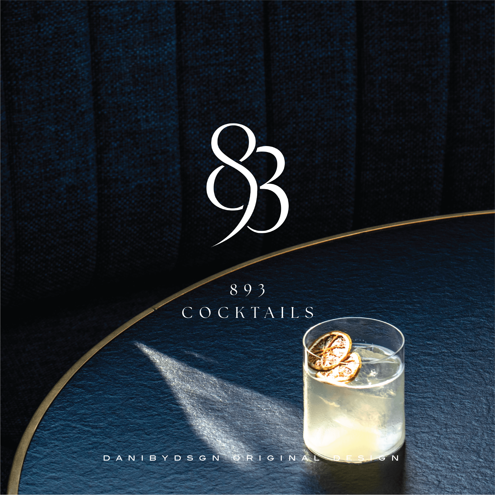 Business Initial Monogram & Branding Kit initial monogram logo design for 893 Cocktails. The 893 is overlapped to create a destinct and striking business logo design. Elegant and luxury branding. Pic is of the branding logo and a close up of a cocktail in a short glass on a black textured table in a dark room setting. Check out our business initial monogram and branding kits.