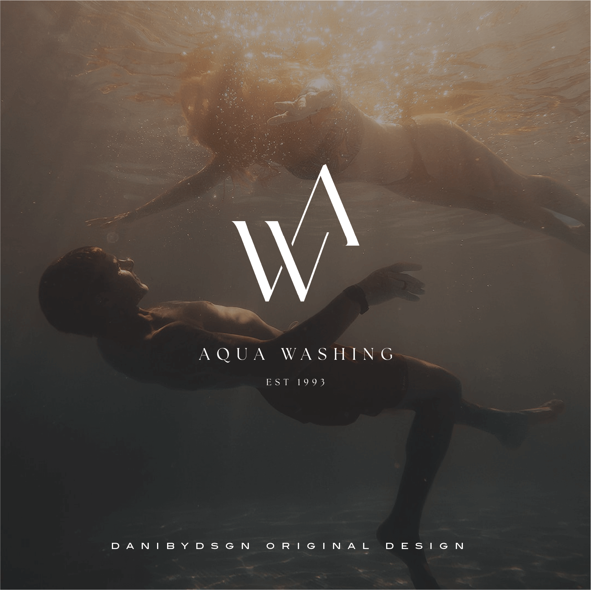 Business Initial Monogram & Branding Kit. This business branding initial monogram is for Aqua Washing and it is of the intials AW. The initials are overlapped to create a unique and striking, elegant monogram symbol. The pic is of a lady and gentleman underwater swimming and the business branding logo is the central point of the photo. Elegant, stylish and modern monogram design. Check out our business initial monogram and branding kits