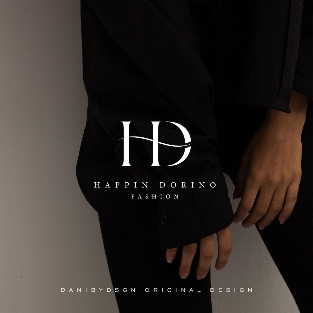 Business Initial Monogram & Branding Kit: Initial monogram 'HD' prominently displayed in a business branding showcase for our client Happin Dorino Fashion, reflecting a sleek modern brand identity. This business initial monogram logo elegant logo design is central in an image that spells sophistication for website branding or small business branding. Crafted by expert business Danibydsgn logo designer, this business branding package is perfect for enhancing event promotions, weddings, or for any occasion.