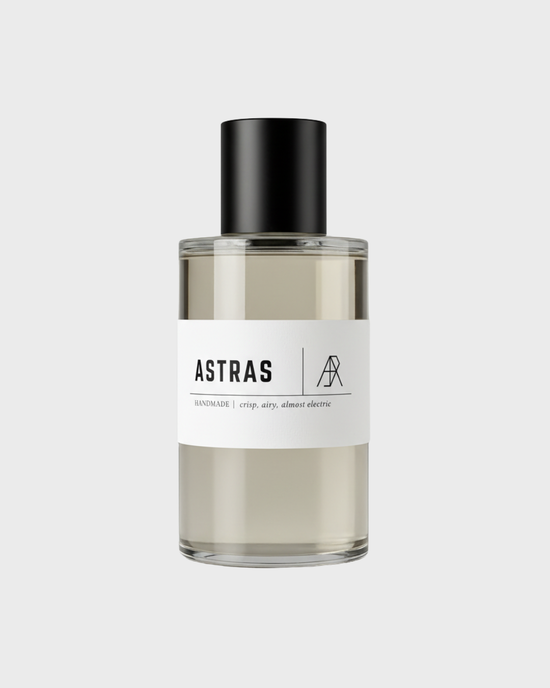 Business logo design branding kit by Danibydsgn showing a custom AR monogram logo applied to an Astras perfume bottle label, demonstrating product packaging and brand identity design