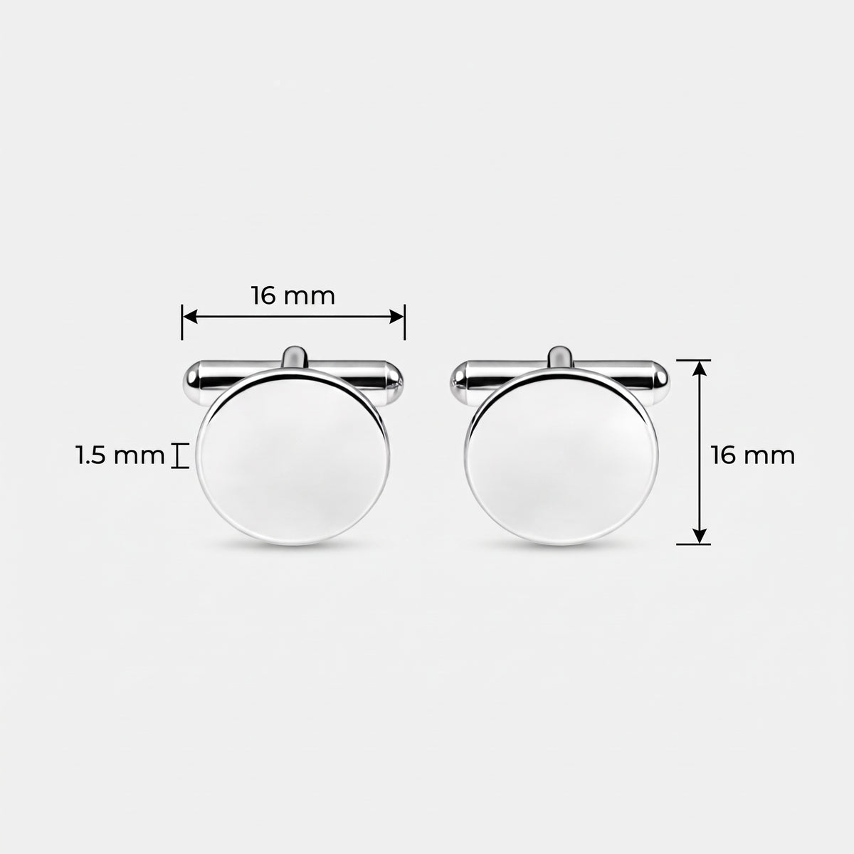 Two 925 sterling silver round cufflinks shown on a light gray background with product dimension labels indicating 16 mm width, 16 mm height, and 1.5 mm thickness. Meaningful engraved jewelry from Danibydsgn.