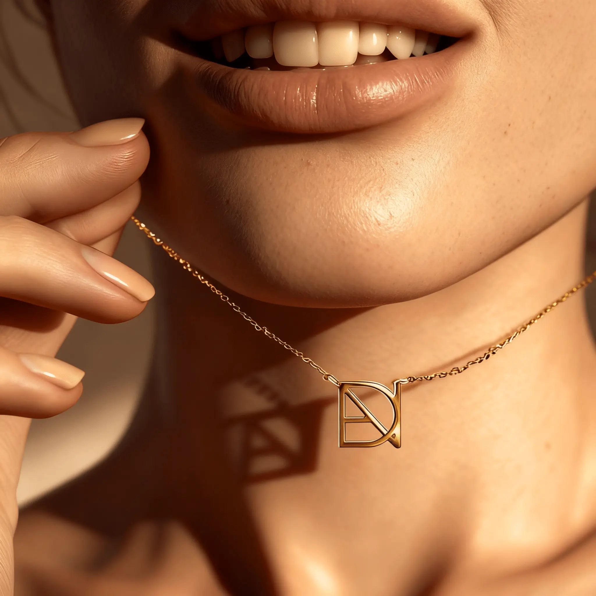 DaniByDsgn custom symbol necklace close-up on décolletage – personalized 9k yellow gold one-of-a-kind pendant, luxury bespoke symbol neckace