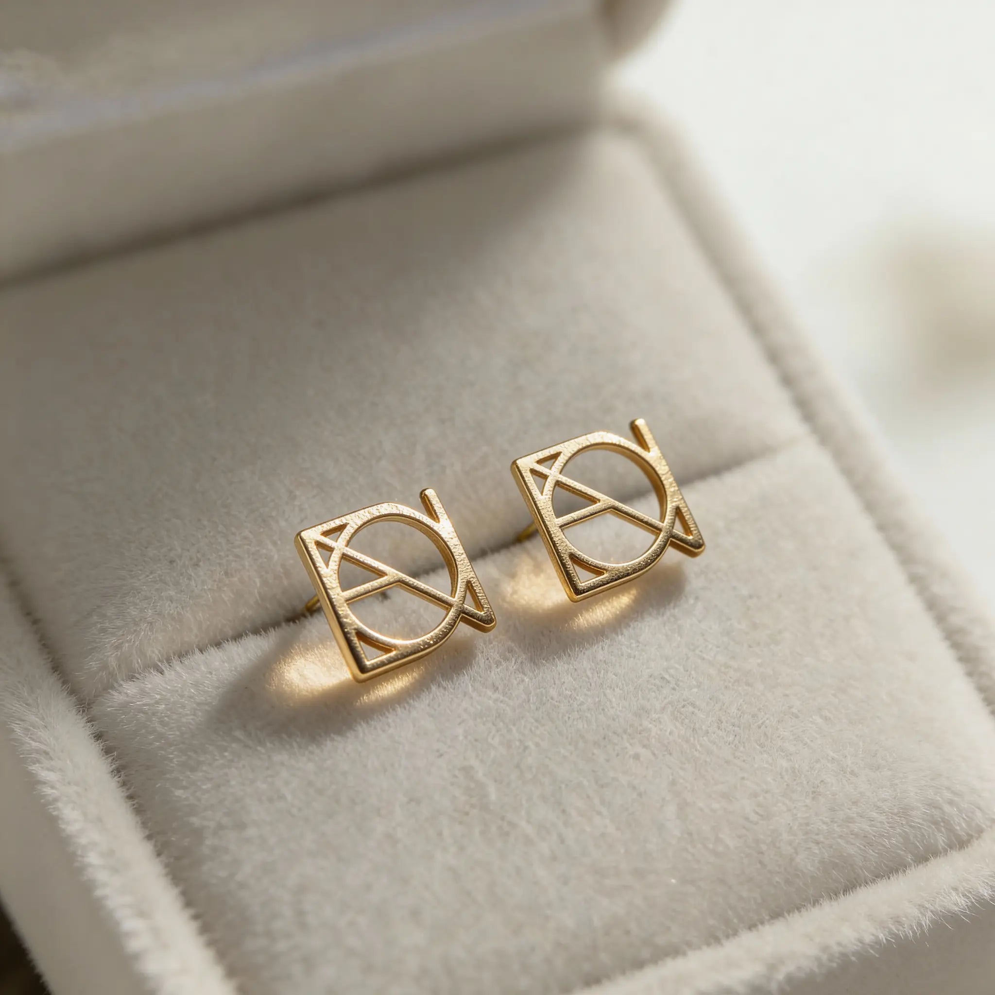 Gift box showing a pair of Danibydsgn custom symbol earings in 9k gold.
