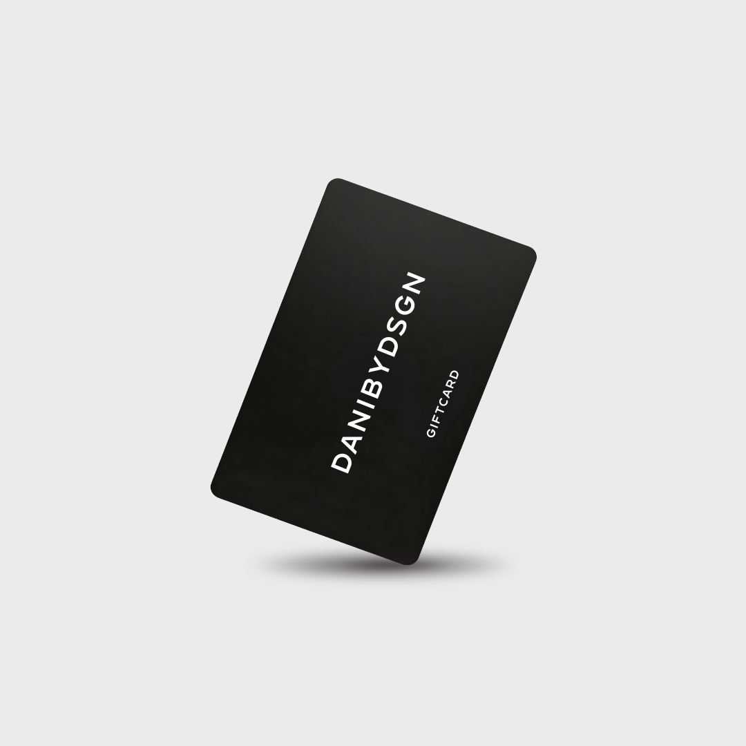 Black gift card with 'DANIBYDSGN' branding on a light gray background. Digital e-gift cards from Danibydsgn,