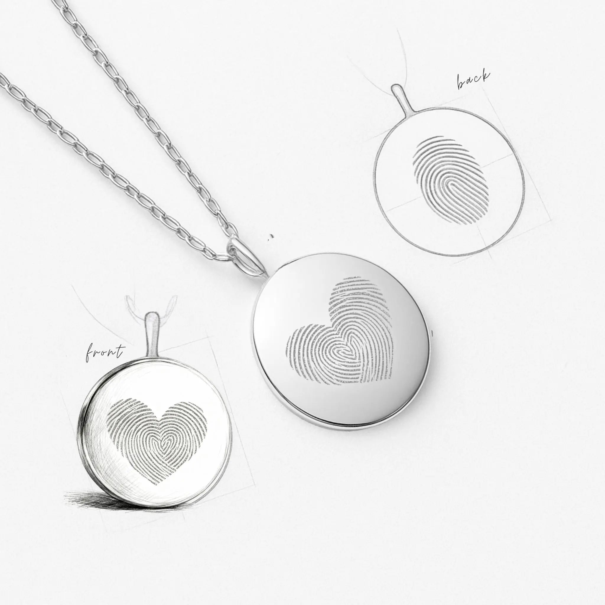 The Danibydsgn Heart Fingerprint Coin Necklace in 925 Sterling Silver displayed beside detailed design sketches showing the front heart fingerprint engraving and back fingerprint concept — a visual of craftsmanship, love, and precision in personalized jewelry.