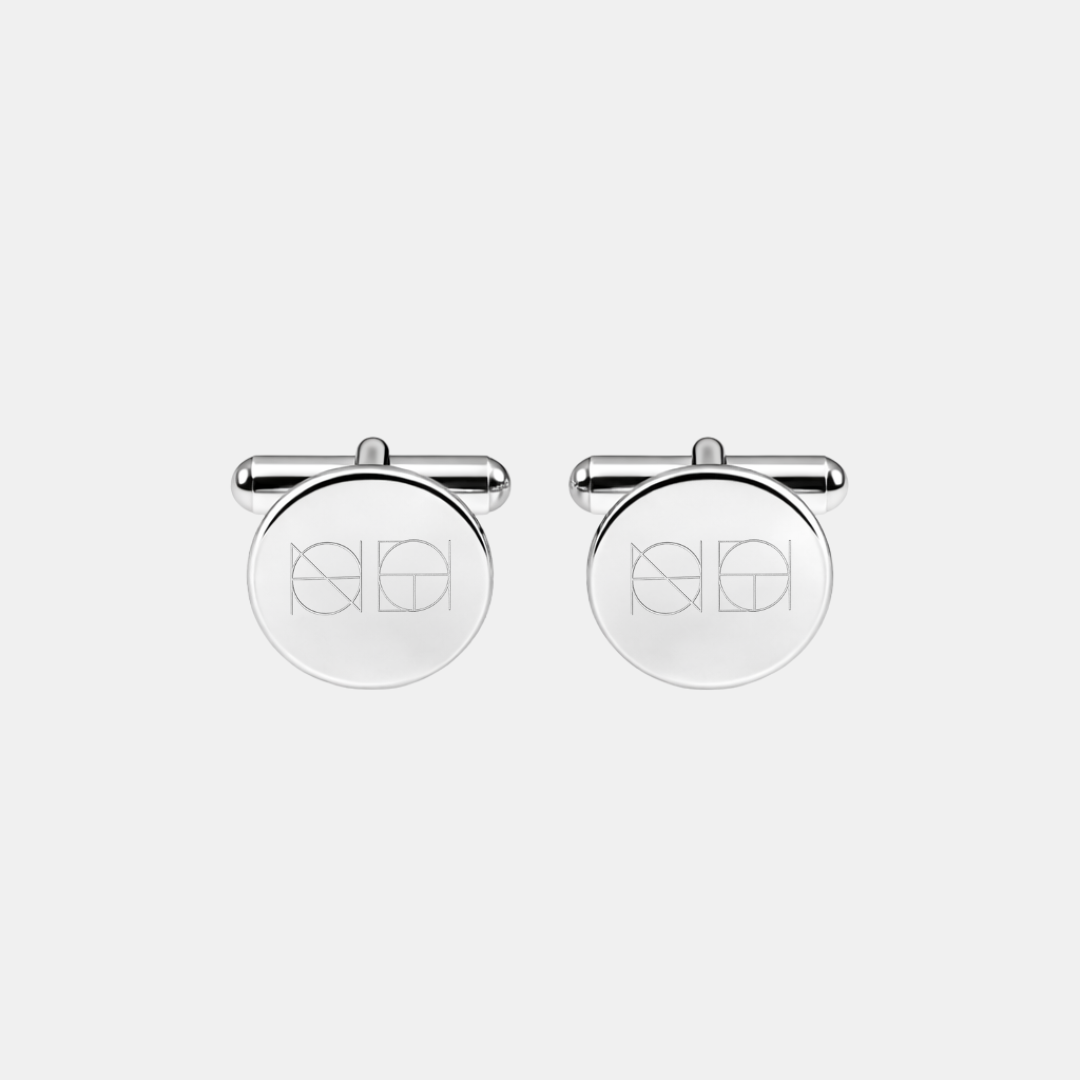Danibydsgn logo engraved round cufflinks in 925 sterling silver - front view showing pair
