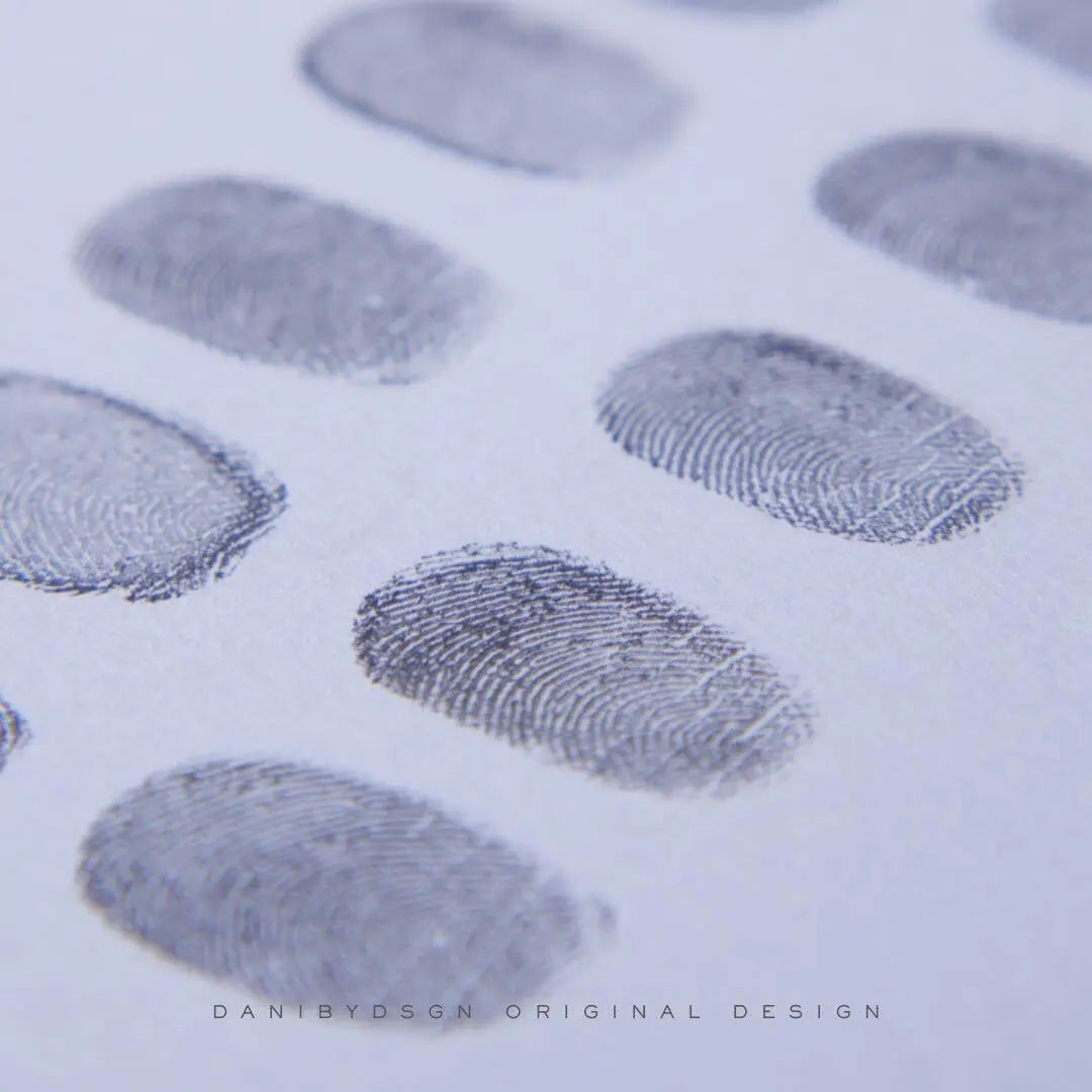 Fingerprint reference sheet showcasing Danibydsgn's unique fingerprint art designs for wall decor and home styling.