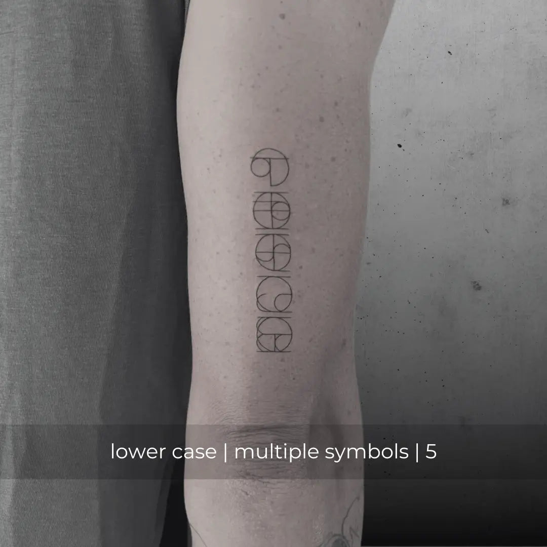 Lowercase fine line tattoo design featuring five symbols, custom logo art by Danibydsgn.