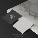 Professional RH monogram and Recovery Headquarters branding cards designed by Danibydsgn, displayed on marble surface to showcase luxury business identity and cohesive brand presentation.