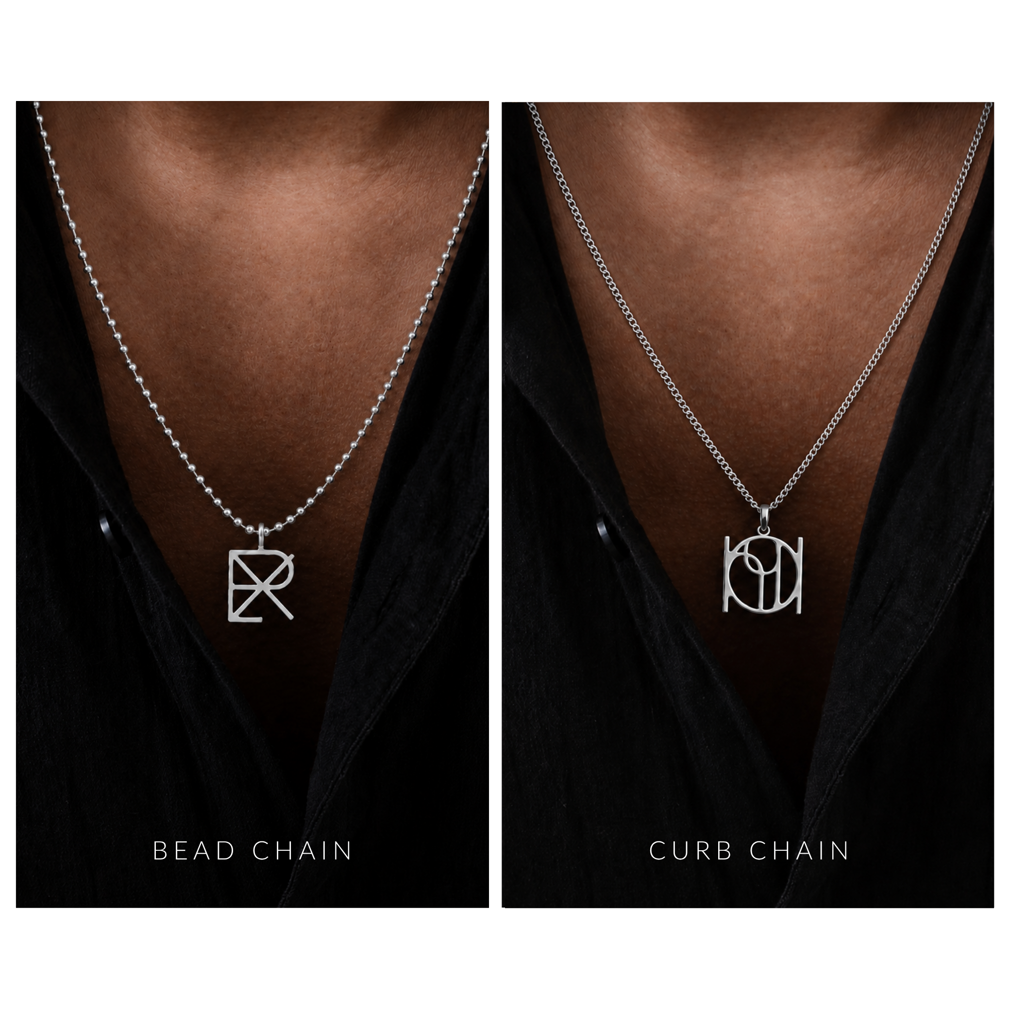 Two necklaces shown side by side on a model's chest: a silver bead chain necklace with a Danibydsgn symbol pendant in upper case letters on the left, and a silver curb chain necklace with a Danibydsgn symbol pendsant in lower case letters pendant on the right. The model wears a black shirt against a dark background, with text labels 'BEAD CHAIN' and 'CURB CHAIN' below each necklace. Chain lengths are both 20-22 inches with the pendants sitting chest height.