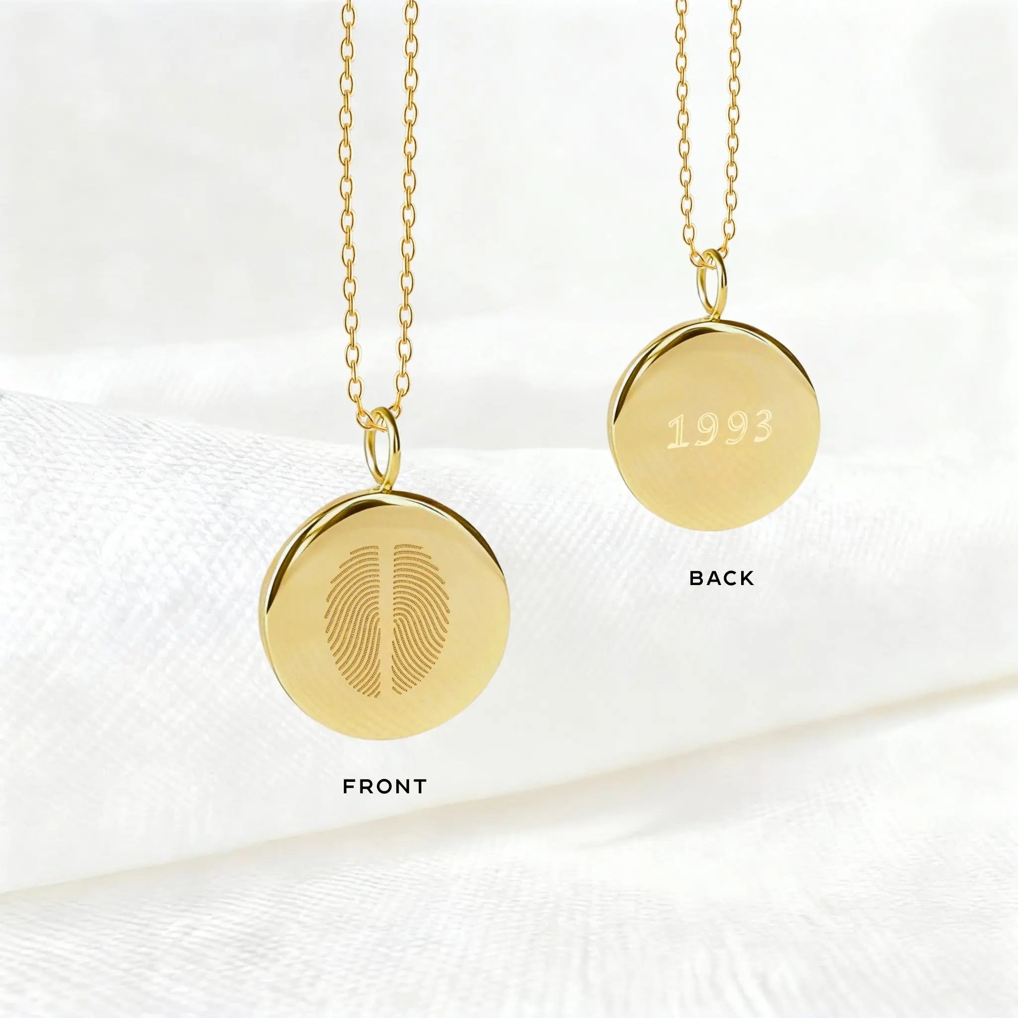 Two Fingerprint Pendant Necklace in 18K gold vermeil by Danibydsgn showing front and back engraving. Front features dual engraved fingerprints, while the back is customizable with names, initials, or meaningful dates — a luxury double-sided keepsake handcrafted for timeless personalization.