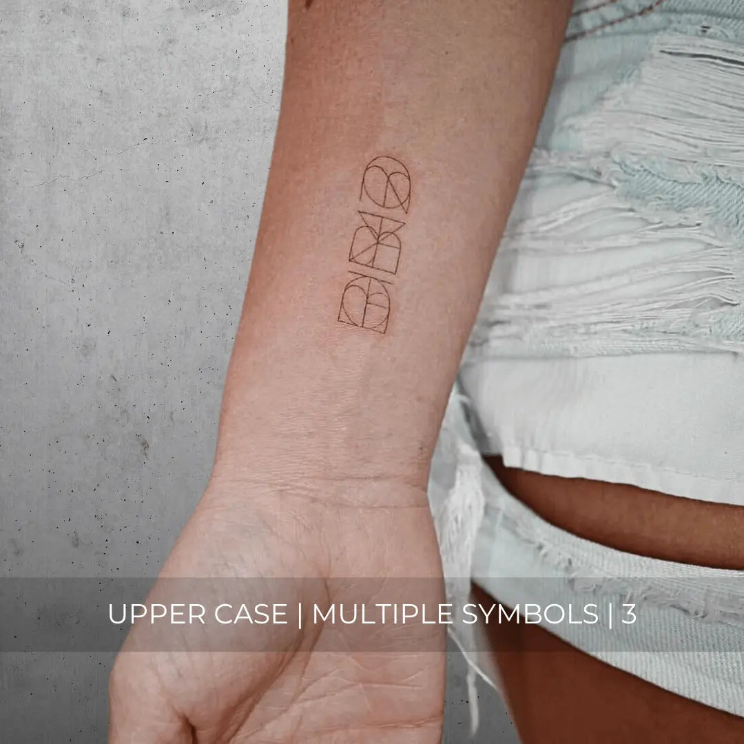 Uppercase fine line tattoo design featuring three symbol monograms by Danibydsgn, showcasing custom logo art.