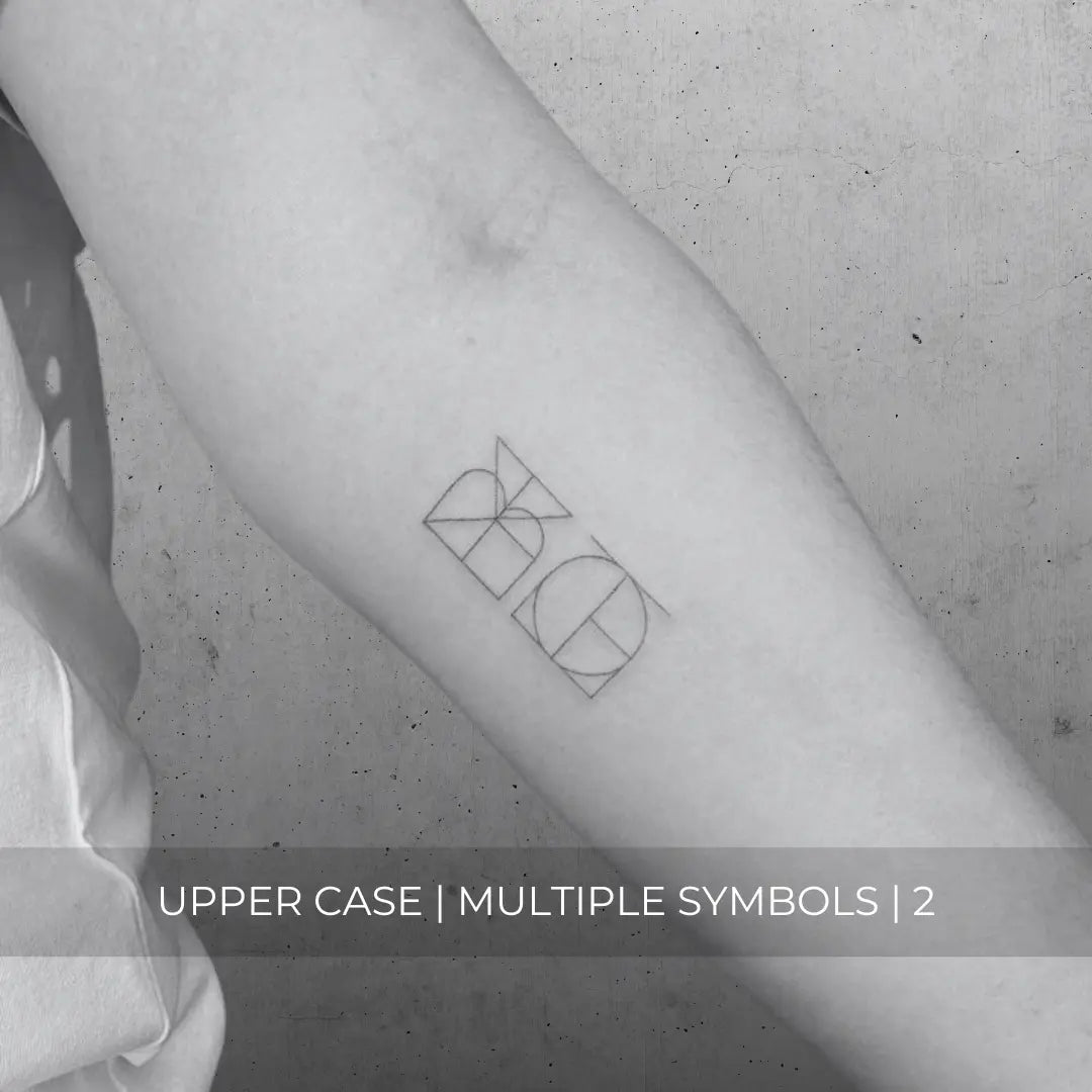 Uppercase fine line tattoo design featuring two symbols for custom logo art by Danibydsgn.