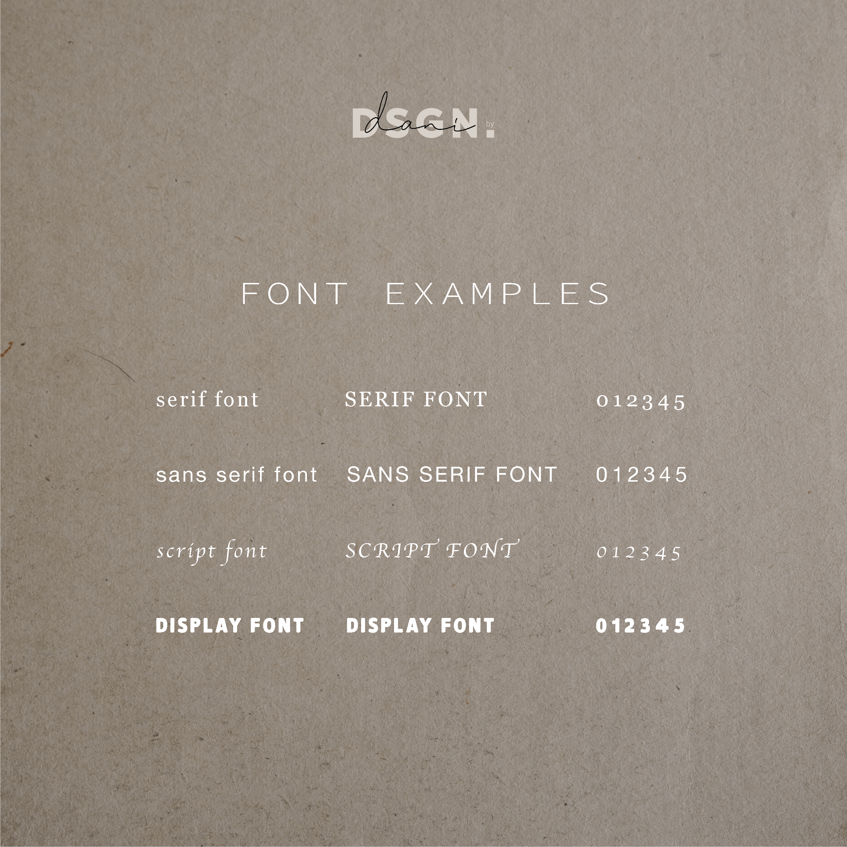 An image showcasing a variety of free to use font examples from Danibydsgn, including serif, sans serif, script, and display fonts, each paired with numbers for reference. The diverse font styles are part of Danibydsgn's branding services, offering a glimpse into the custom typography that can enhance brand identity in business logo design