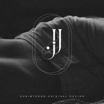 A monochrome image featuring a sophisticated initial monogram 'J' & ‘J’ logo, representing the pinnacle of business branding and brand identity, designed by Danibydsgn. The elegant business initial monogram logo, part of a comprehensive branding package, is overlaid on the image of a person's shoulder exuding a modern, minimalist aesthetic. This original design is perfect for a business branding kit, website branding, and ideal for event promotions by a professional business logo designer.