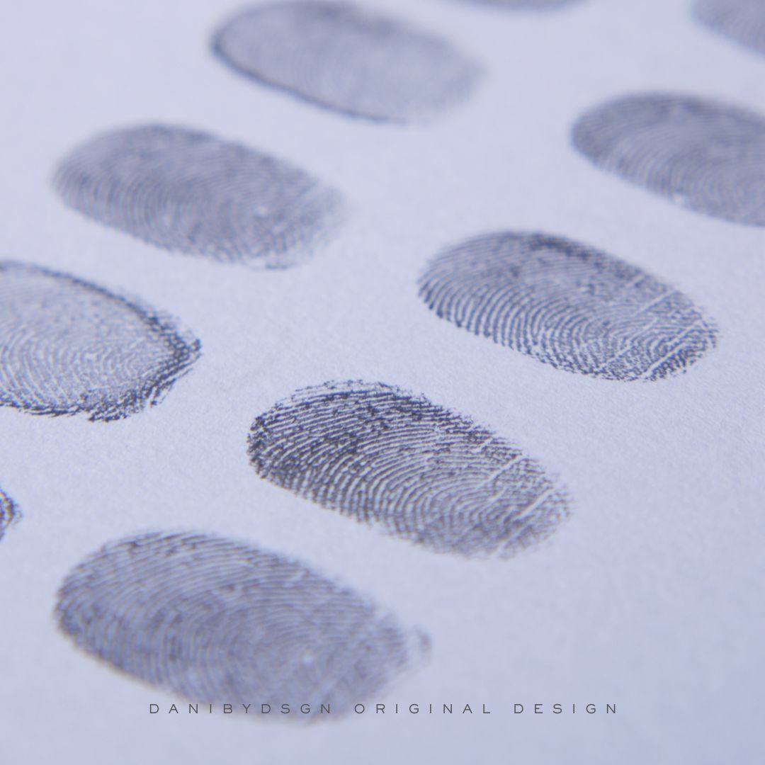 Expertly captured fingerprint impressions form the foundation for Danibydsgn's bespoke Fingerprint Artwork, each unique pattern offering a personal touch to be engraved on the Danibydsgn custom fingerprint jewelry, or to be used as meaningful wall art or home décor.   Our fingerprint art is a beautiful blend of memories and art. Discover the bespoke craftsmanship of Danibydsgn with these detailed fingerprint impressions, meticulously curated to create personalized Fingerprint Artwork