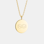 18k Gold Vermeil, Danibydsgn logo with two symbols engraved, luxury, coin pendant necklace on light light background.