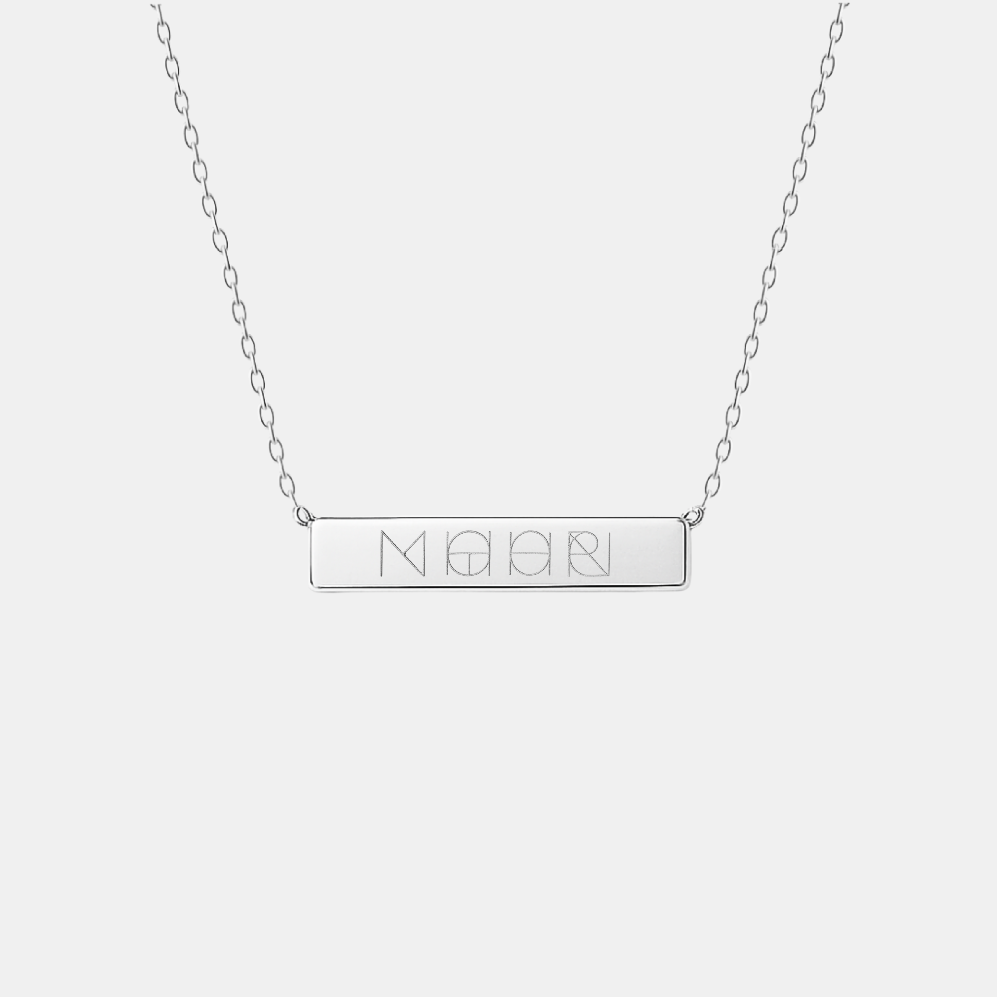 925 Sterling Silver luxury bar necklace engrave with a custom Danibydsgn 4 symbol design on a light background.