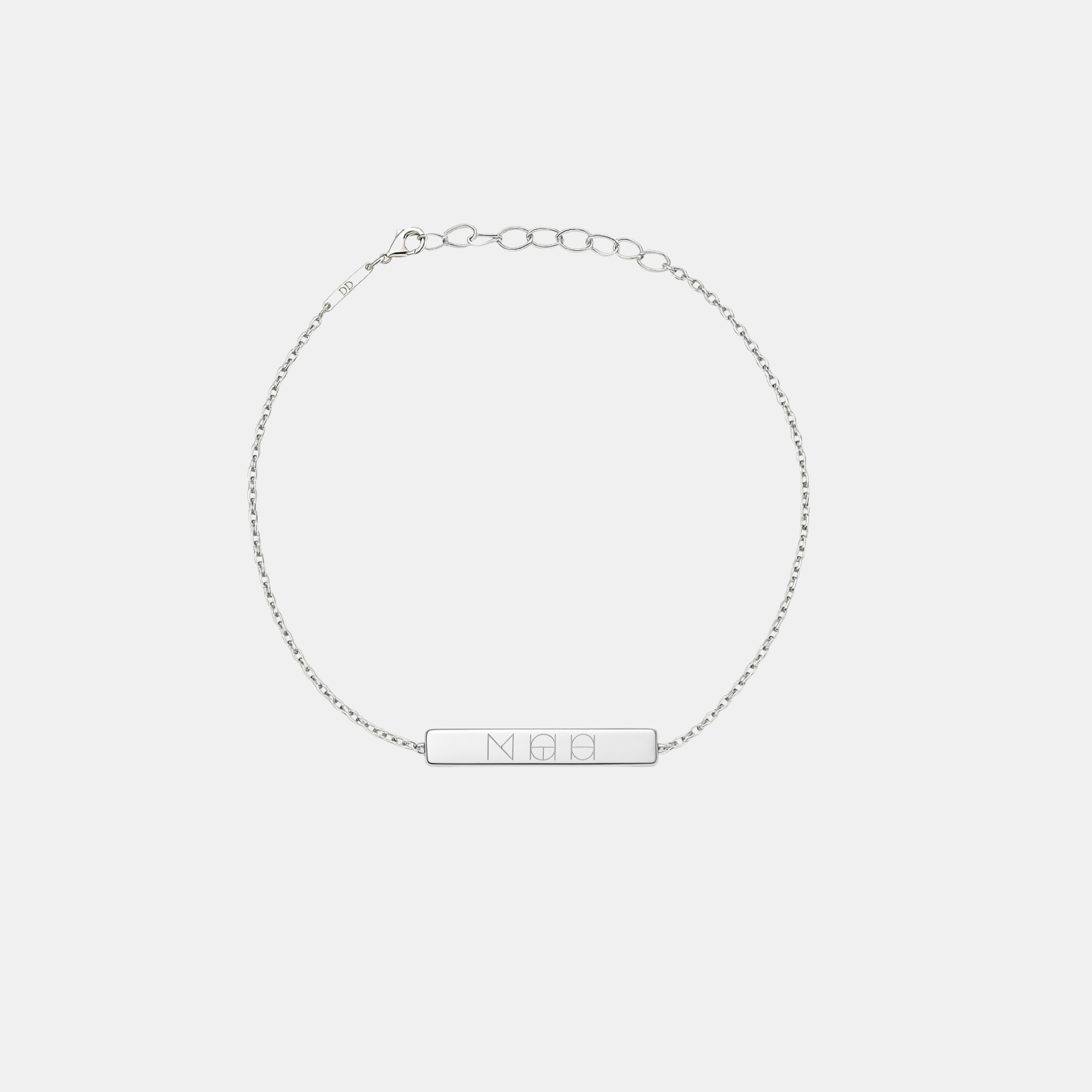 925 Sterling Silver  luxuy bar bracelet engraved wth a custom Danibydsgn three symbol design on a light gray background