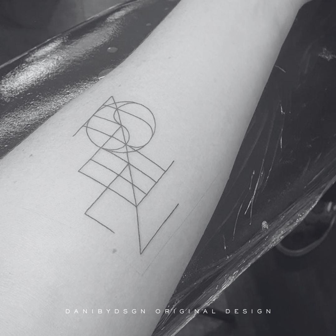 The photo is of a 3 symbol, Joined Custom Logo used as a fineline tattoo on the arm of a lady. The design is a dynamic fusion of two or more symbols into an entwined logo joined diagonally. The designs are custom names or numbers, ideal for personal branding or as wall art or clothing branding. Custom logo design, translates into a name tattoo design and body art embodying the spirit of simple tattoo ideas while resonating with the artistry of an illustrator