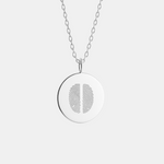 925 Sterling Silver necklace with a luxury coin round pendant featuring a two fingerprint design on a white background.