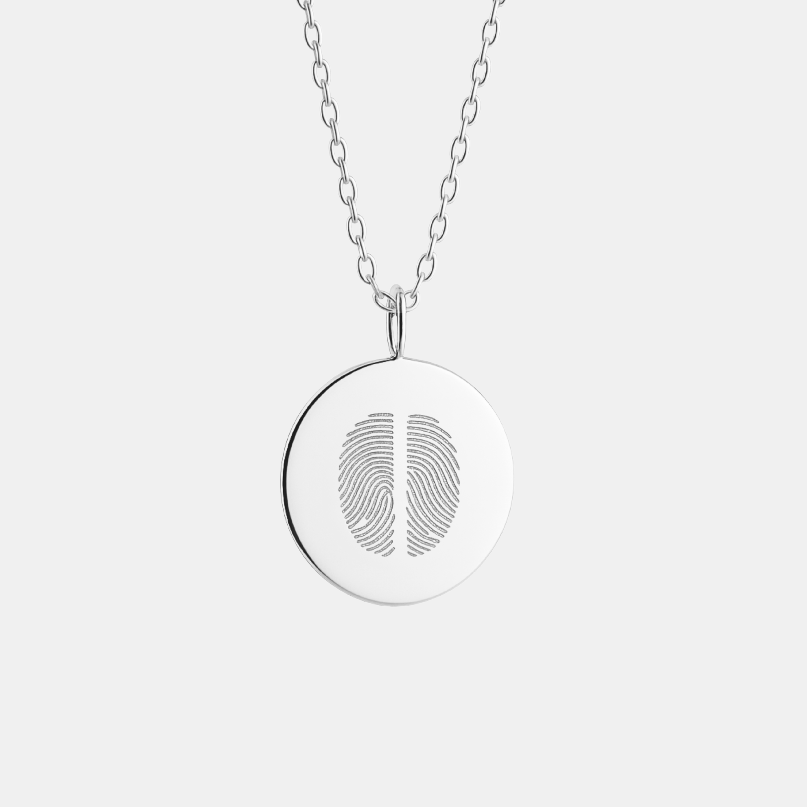 925 Sterling Silver necklace with a luxury coin round pendant featuring a two fingerprint design on a white background.
