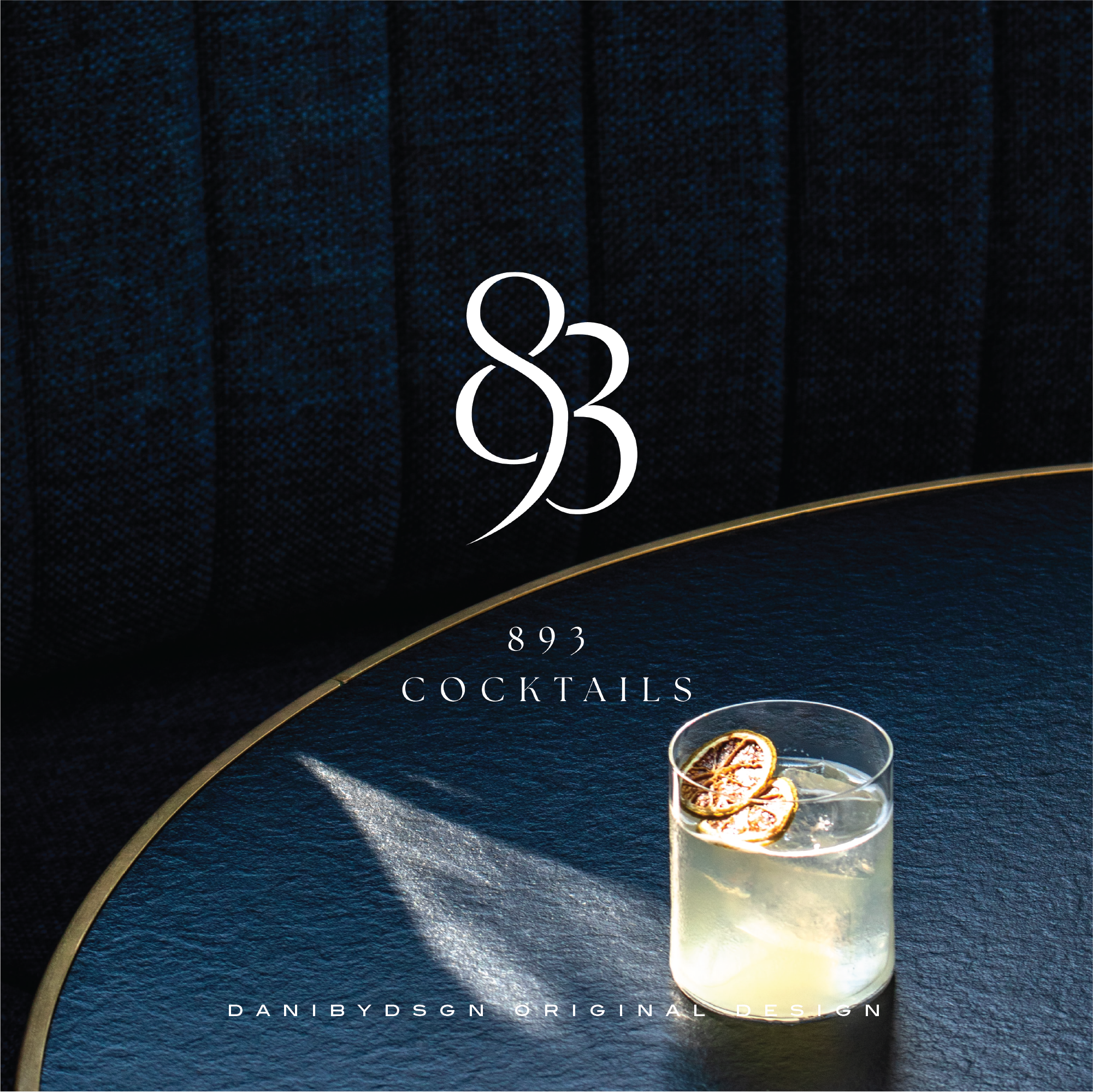 Initial monogram logo design for 893 Cocktails.  The 893 is overlapped to create a destinct and striking design.  Elegant and luxury branding.  Pic is of the logo  and a close up of a cocktail in a short glass on a black textured table in a dark room setting.