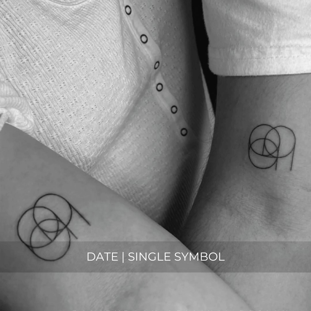 A minimalistic fine line tattoo of an overlapping number Custom Logos design on a couple’s arm of a single symbol date design, exemplifying custom logo design, name tattoo design, and body art. This simple small tattoo idea showcases personal branding and tattoo art, ideal for both name logos and wall art applications.