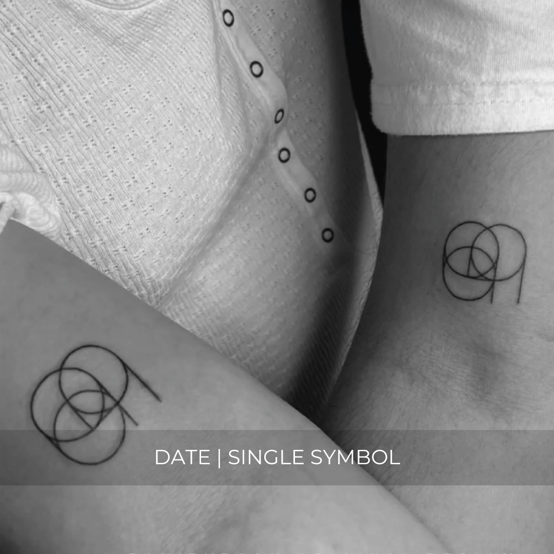 A minimalistic fine line tattoo of an overlapping number logo design on a couple’s arm of a single symbol date design, exemplifying custom logo design, name tattoo design, and body art. This simple tattoo idea showcases personal branding and tattoo art, ideal for both name logos and wall art applications.