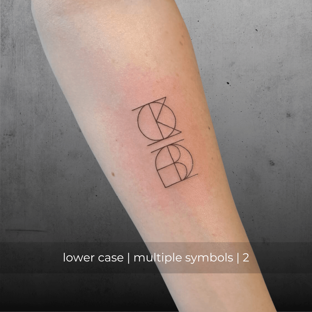 A minimalistic fine line tattoo of an overlapping Custom Logos design on a person's inner arm of a two symbol design in lowercase letters, exemplifying custom logo design, name tattoo design, and body art. This simple small  tattoo idea showcases personal branding and tattoo art, ideal for both name logos and wall art applications.