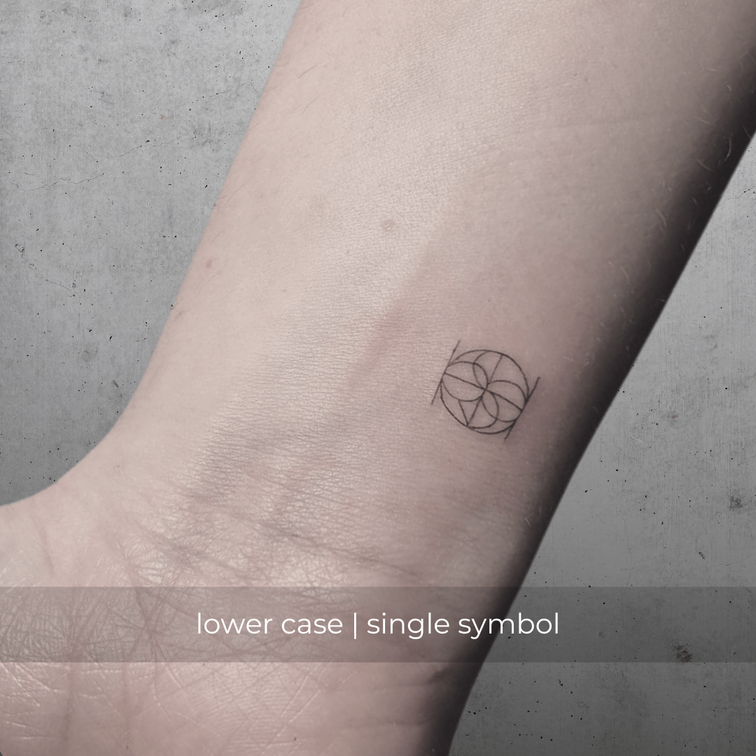 A minimalistic fineline tattoo of an overlapping Custom Logos design on a person's wrist of a single symbol design in lowercase letters, exemplifying custom logo design, name tattoo design, and body art. This simple small tattoo idea showcases personal branding and tattoo art, ideal for both name logos and wall art applications.
