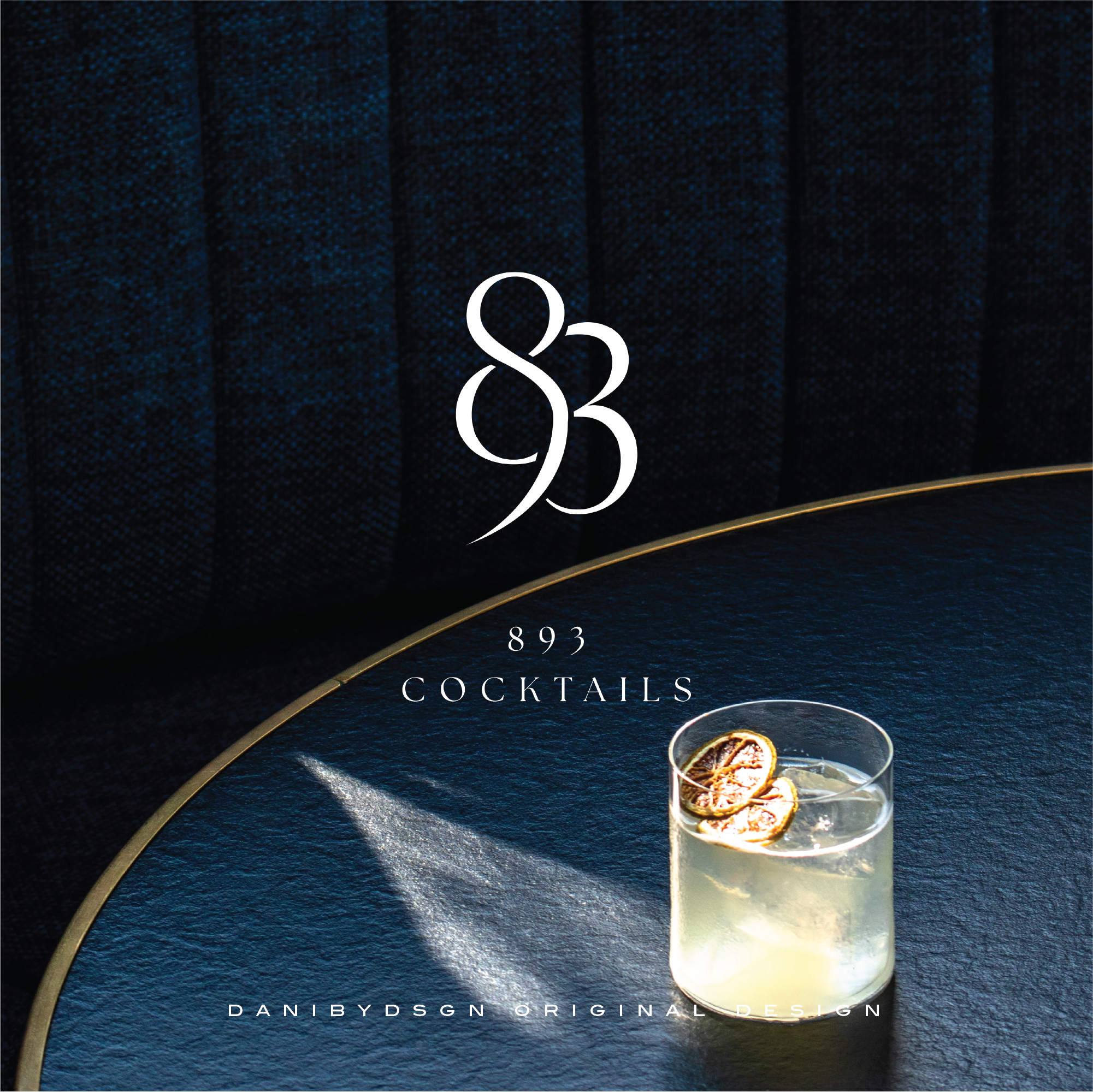 Business Initial Monogram & Branding Kit initial monogram logo design for 893 Cocktails.  The 893 is overlapped to create a destinct and striking business logo design.  Elegant and luxury branding.  Pic is of the branding logo  and a close up of a cocktail in a short glass on a black textured table in a dark room setting. Check out our business initial monogram and branding kits.