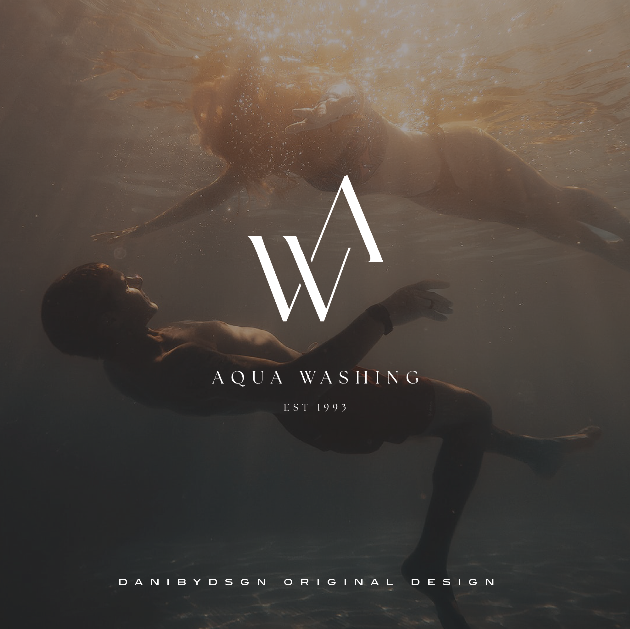 Business Initial Monogram & Branding Kit. This  business branding initial monogram is for Aqua Washing and it is of the intials AW.  The initials are overlapped to create a unique and striking, elegant monogram symbol.  The pic is of a lady and gentleman underwater swimming and the business branding logo is the central point of the photo.  Elegant, stylish and modern monogram design. Check out our business initial monogram and branding kits