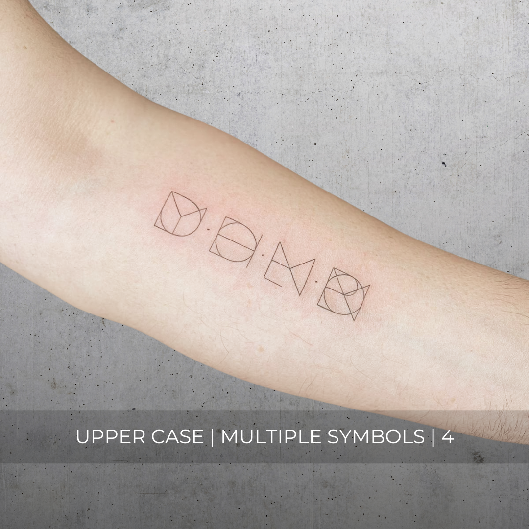 A minimalistic fine line tattoo of an overlapping logo design on a person's inner arm of a four symbol design in uppercase letters, exemplifying custom logo design, name tattoo design, and body art. This simple tattoo idea showcases personal branding and tattoo art, ideal for both name logos and wall art applications.