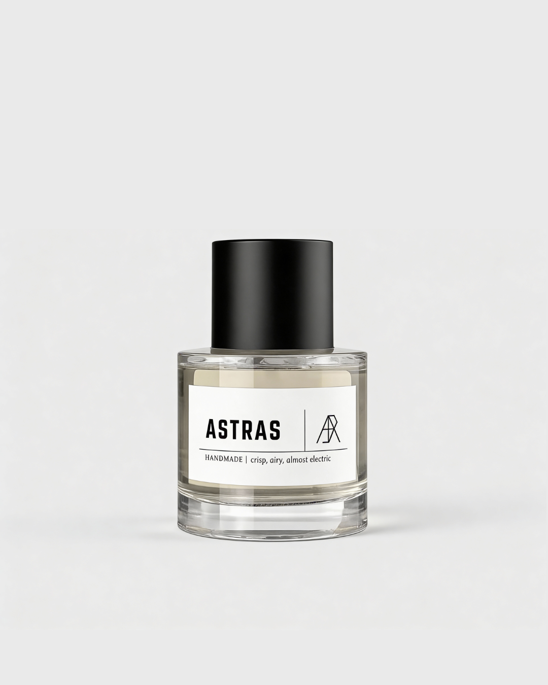 Business logo design branding kit by Danibydsgn showing a custom AR monogram logo on an Astras perfume bottle front view, demonstrating luxury product packaging and brand identity design