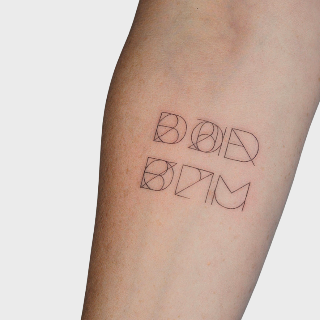 Custom fine-line tattoo design featuring six geometric symbols arranged in two rows, illustrating a bespoke and minimalist aesthetic.