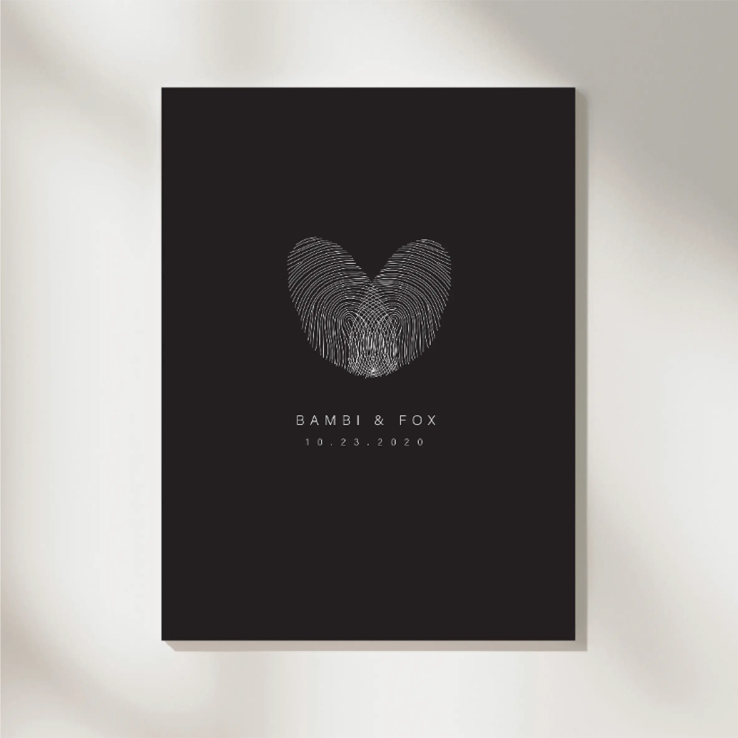 Couple fingerprint heart wall art design by Danibydsgn, perfect for home decor and personalized art displays.