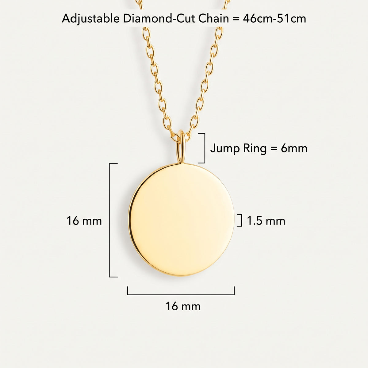 Custom 18k gold vermeil coin pendant necklace with dimensions.  Coin 16mm x 16mm, jump ring 6mm, depth 1.5mm with an adjustable diamond cut chain 46cm-51 cm.  Luxury Danibydsgn luxury jewelry.
