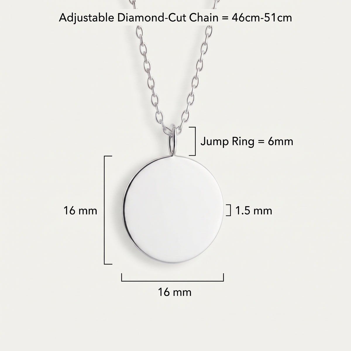 Custom 925 Sterling Silver coin pendant necklace with dimensions.  Coin 16mm x 16mm, jump ring 6mm, depth 1.5mm with an adjustable diamond cut chain 46cm-51 cm.  Luxury Danibydgn jewelry.