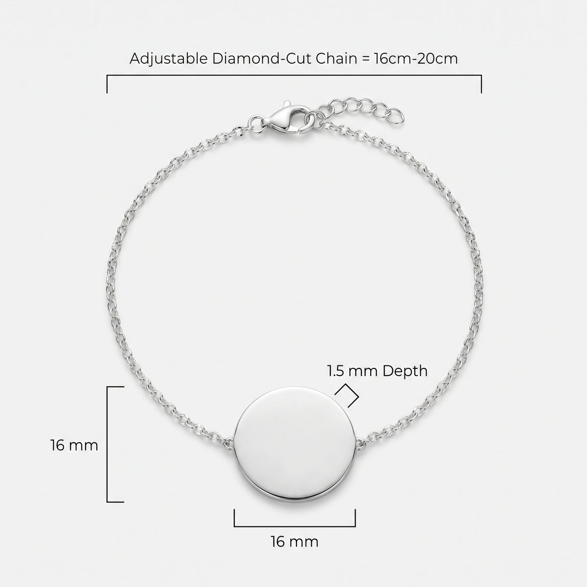Custom Danibydsgn 925 sterling silver bracelet with a round disc pendant, shown with dimension labels indicating 1.5 mm depth, 16mm x 16mm coin and adjustable diamond cut 16cm-20cm chain length.