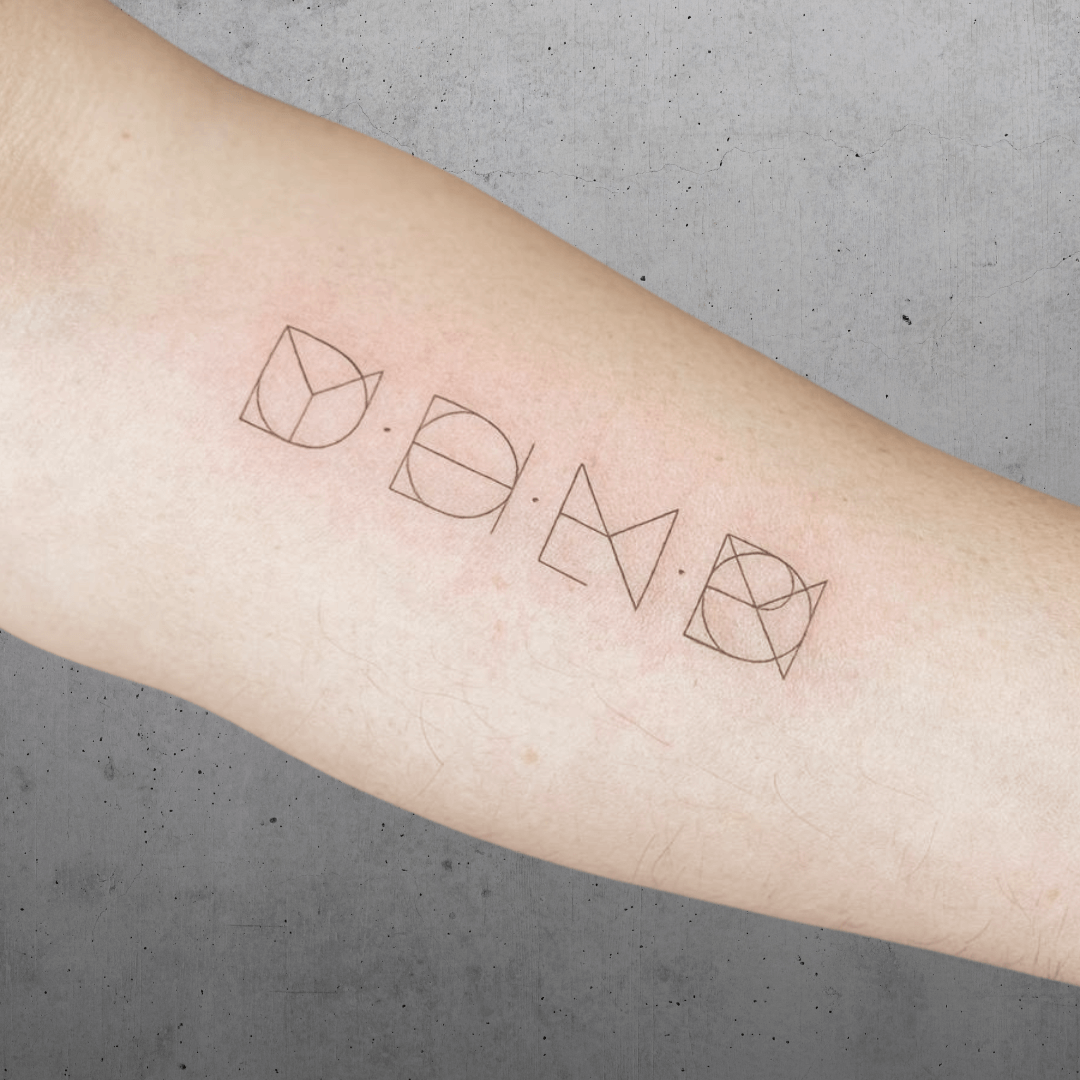 Custom fine line tattoo design and logo artwork featuring geometric minimal line art for names and personal branding.