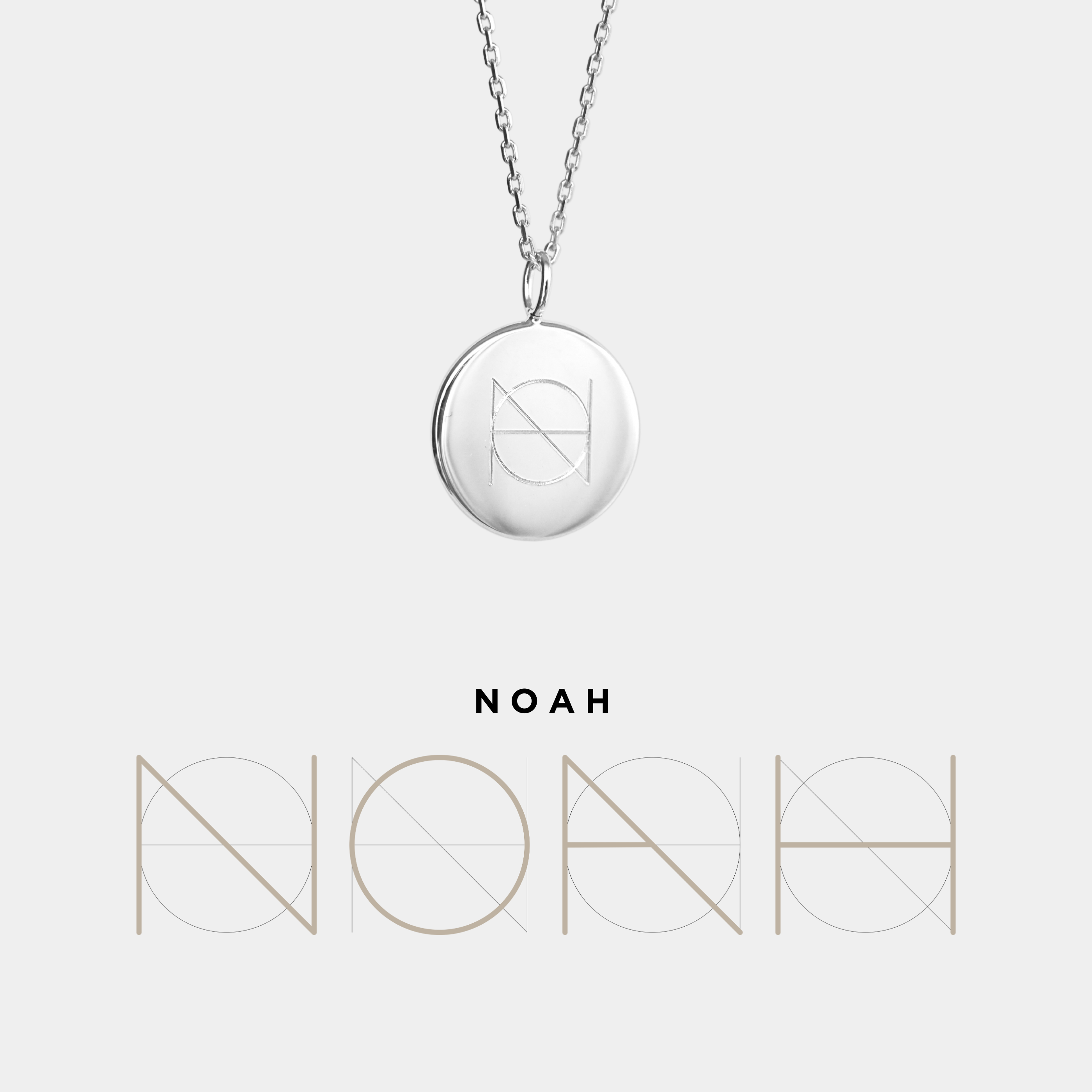 Danibydsgn custom engraved coin necklace in 925 sterling silver featuring the NOAH logo design, displayed on a fine silver chain with matching geometric name artwork below for a cohesive branded presentation.