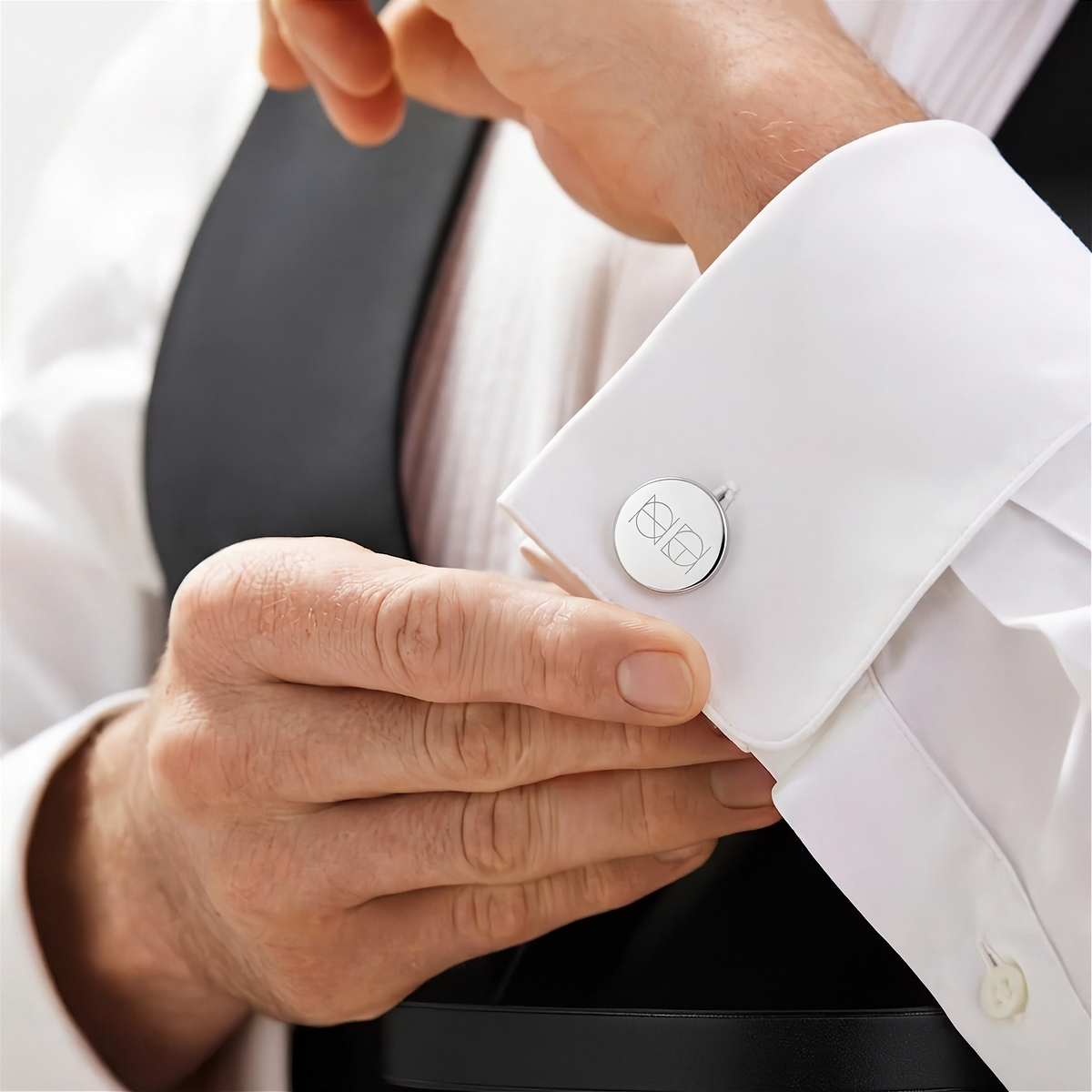A close-up of a man's hands adjusting a white dress shirt cuff with a round 925 sterling silver cufflink engraved with a Danibydsgn custom symbol.  