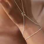 Close-up of Danibydsgn custom symbol hand chain in 925 sterling silver, showing the fine chain and cut-out symbol connector on the wrist.