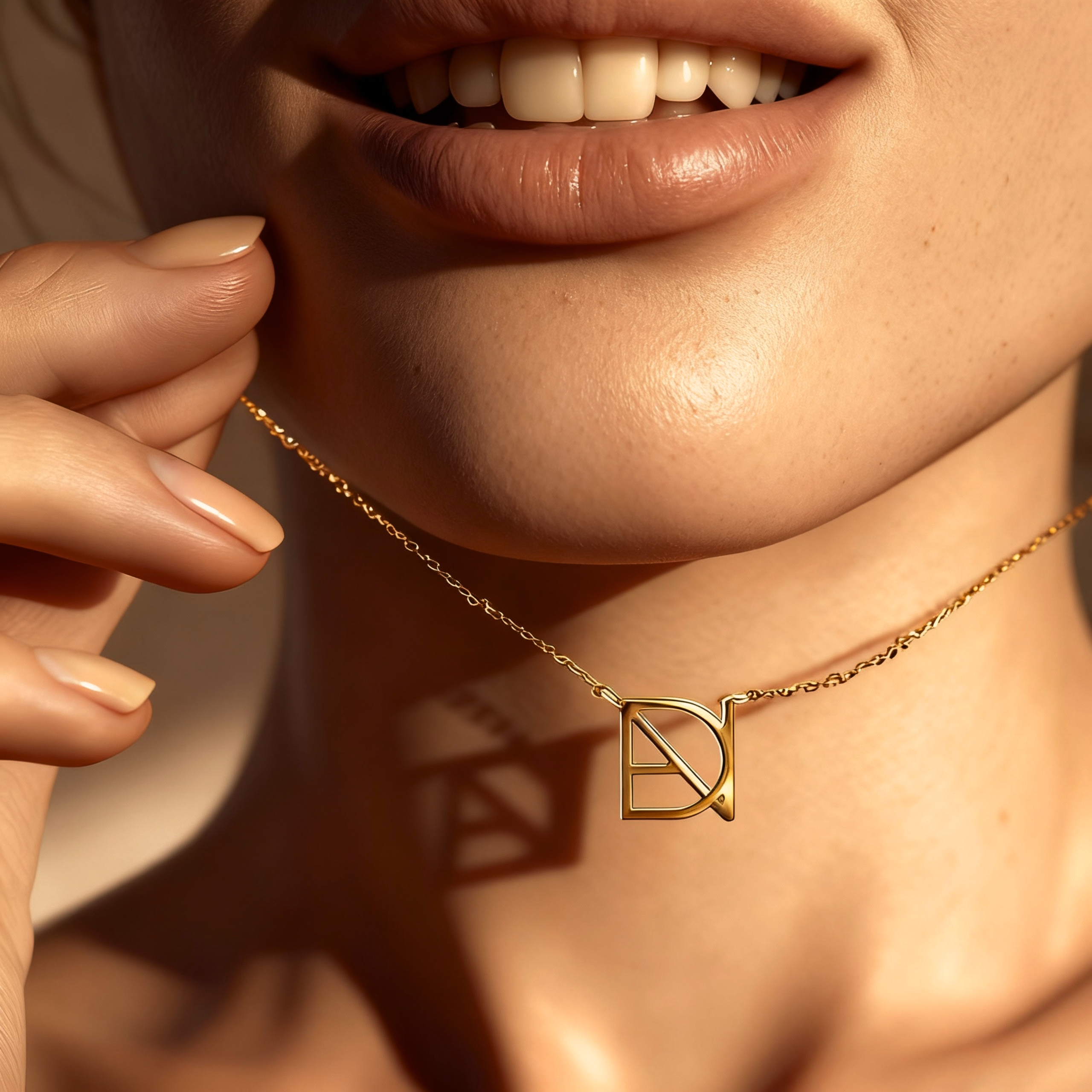 DaniByDsgn custom symbol necklace close-up on décolletage – personalized 9k yellow gold one-of-a-kind pendant, luxury bespoke symbol neckace